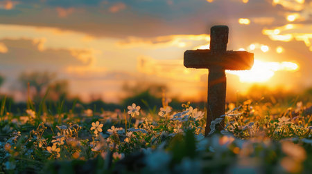 christian cross on sunset backgroundの素材