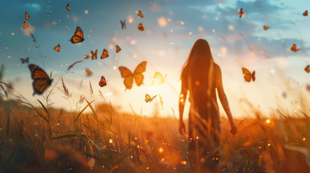 surreal encounter between a woman and free butterflies flying in the middle of natureの素材