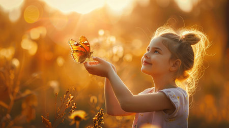 The girl frees the butterfly from moment Concept of freedomの素材