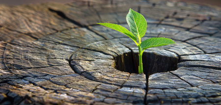 New development and renewal as a business concept of emerging leadership success as an old cut down tree and a strong seedling growing in the center trunk as a concept of support building a future.の素材