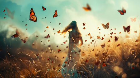 surreal encounter between a woman and free butterflies flying in the middle of natureの素材