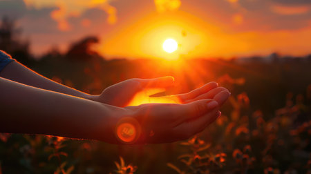 Woman hands holding the sun at dawn. Freedom and spirituality concept.の素材