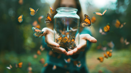 woman gives freedom to some butterflies enclosed in a glass vaseの素材
