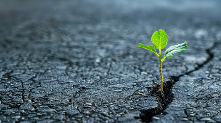 Small and green plant grows through urban asphalt ground. Green plant growing from crack in asphalt on road. Space for text or design.の素材