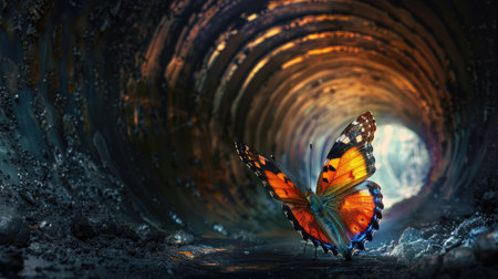 colorful butterfly finds its way out of a dark tunnel, concept of freedomの素材