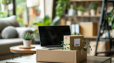 Equipments for SME online business , delivery business laptop, barcode, boxes, checking product on stocks or parcels. Small business working at home office.の素材