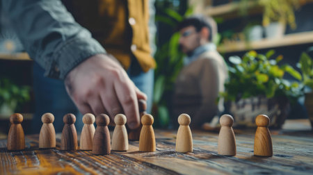 Businessman choosing wooden figure hiring, business tactics and strategy. Leadership of business success. Organization development. Personnel selection. Human resource management concept.の素材