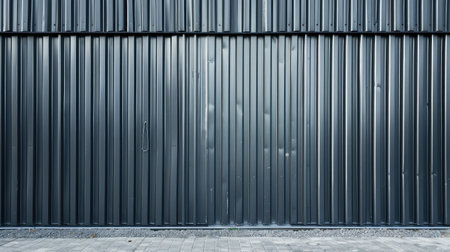 Grey metal corrugated fence in front of a residential building. Texture of profiled metal.の素材
