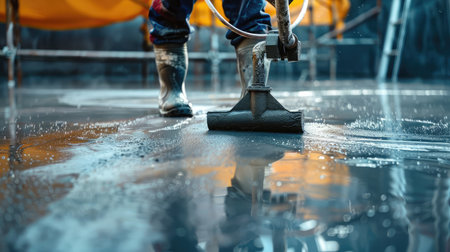 Construction worker produces the grout and finish wet concrete with a special tool. Float blades. For smoothing and polishing concrete, concrete floors --ar 16:9 Job ID: 51aef95f-5a61-4cce-88c3-0beea0282f55の素材
