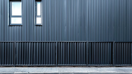 Grey metal corrugated fence in front of a residential building. Texture of profiled metal.の素材