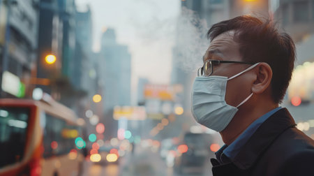 Business man wearing a mask and coughing on the street. Protection against air pollution and dust particles exceeds safety limits.PM2.5 unhealthy air pollution dust smoke in the urban city, PM 2.5の素材