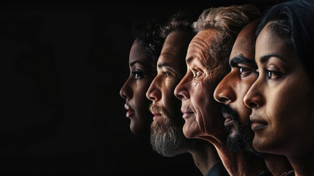 Human face made from portrait of different people of diverse age, gender and race over black background. Concept of social equality, human rights, freedom, diversity, acceptanceの素材