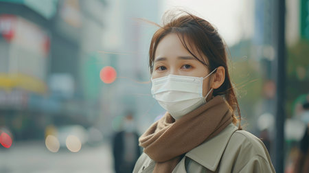 Asian woman are going to work.She is wearing a mask N95. To prevent dust, pm 2.5の素材