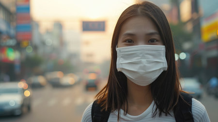 Asian Women wearing Protection Mask feels headaches and cough due to air pollution PM 2.5 Air pollution caused health problems. environmental pollutionの素材