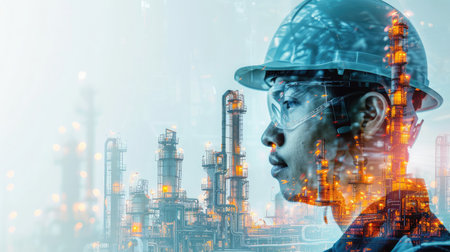 Double exposure of Engineer with safety helmet with oil refinery industry plant backgroundの素材