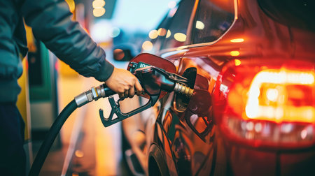 Pumping gas at gas pump. Closeup of man pumping gasoline fuel in car at gas station.の素材