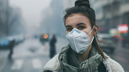Woman wearing N95 PM 2.5 respiratory protection mask against air pollution and dust particles exceed safety limits. Healthcare, environmental, ecology concept. Allergy, headacheの素材