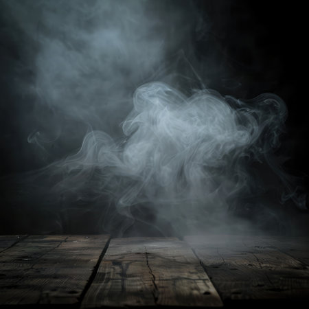 Fog In Darkness. Smoke And Mist On Wooden Table. Abstract And Defocused Halloween Backdrop.の素材