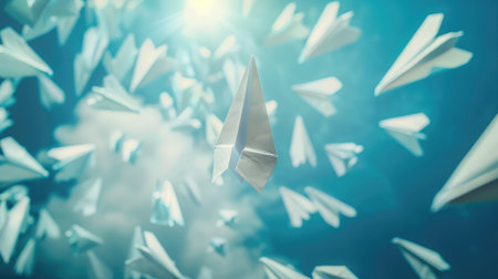 Different, Leader Individuality Concept. Unique Paper Plane Flying Up in the Sky while The Group of Failure is Falling Down. Business Metaphor Photoの素材