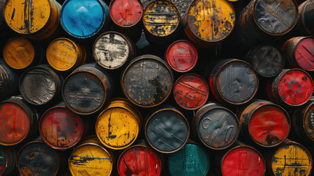 oil barrels or chemical drums stacked upの素材