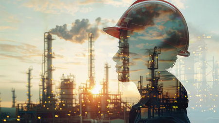 Double exposure of Engineer with safety helmet with oil refinery industry plant backgroundの素材