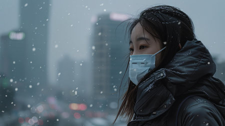 Young Asian girl wearing a mask to prevent pm.2.5 dust on a bad weather city backgroundの素材
