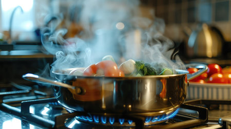 Vegetable steamer on a gas hob.の素材