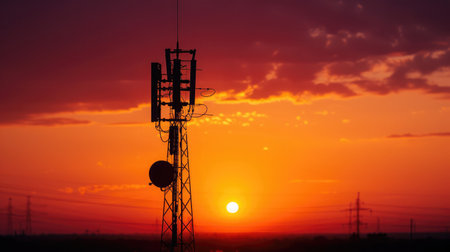 Silhouette phone antenna.Sunset backgroundの素材