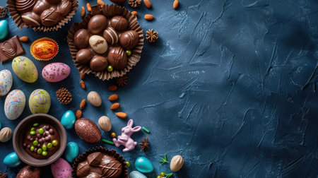 Delicious chocolate easter eggs ,bunny and sweets on dark blue backgroundの素材