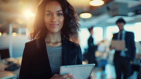 Business woman, tablet and portrait of a digital developer professional with team ready for work. Tech employee, company vision and web job of a female ready for information technology projectの素材