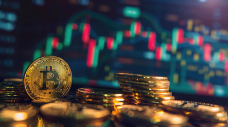 business golden coin digital currency on stock market financial positive indicator background. Double exposure growth futuristic chart bitcoin money investment . investor cryptocurrency data concept.の素材