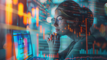 Business woman sitting front laptop computer with financial graphs and statistics on monitor. Double exposure. Wideの素材