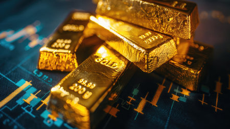 Gold bars financial business economy concepts, wealth and reserve success in business and finance, Gold trading, gold bars on fabric with stock graph chart stock market trade backgroundの素材