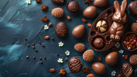 Delicious chocolate easter eggs ,bunny and sweets on dark blue background --ar 16:9 Job ID: 9a484f8a-5c57-47e7-9017-c2ce51c90e56の素材