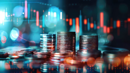 Creative image of growing coin stacks and candlestick forex chart on blurry background. Trade, money and financial growth concept. Double exposureの素材
