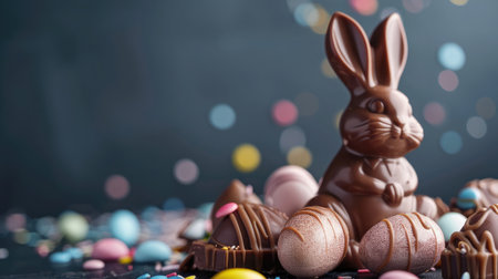 Delicious chocolate easter eggs ,bunny and sweets on dark blue background --ar 16:9 Job ID: 30cadc89-6a19-4cd8-baac-f88fad75b2c7の素材