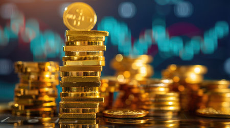 Gold bullion on pile gold coins at trading chart backgroundの素材