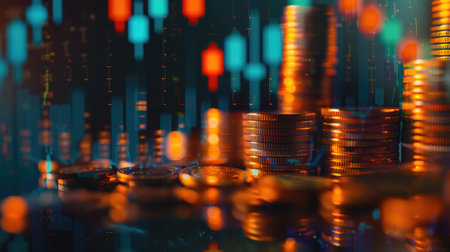 Financial investment - Double exposure of graph and rows of coins for finance and business concept, Forex trading market candlestick chart, Cryptocurrency Digital economy. investing growing, economy.の素材