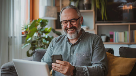 Handsome smiling senior man wearing glasses using mobile phone while sitting at his cozy workplace with laptop at home, retired male chatting with friends in social mediaの素材