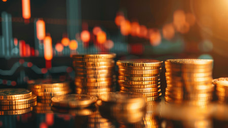 Stock market investment trading financial, coin and graph chart or Forex for analyze profit finance business trend data gold colot background.の素材