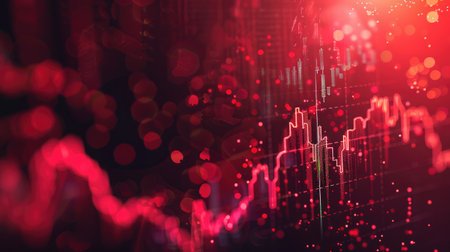 The red crashing market volatility of crypto trading with technical graph and indicator, red candlesticks going down without resistance, market fear and downtrend. Cryptocurrency background concept.の素材