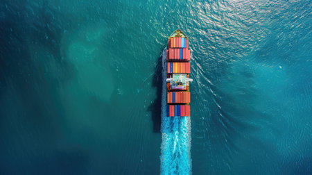Aerial top view container cargo ship in import export business commercial trade logistic and transportation of international by container cargo ship in the open sea, Container cargo freightの素材