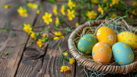 Easter background, colorful eggs on a wicker plate decorated with yellow flowers. Space for textの素材