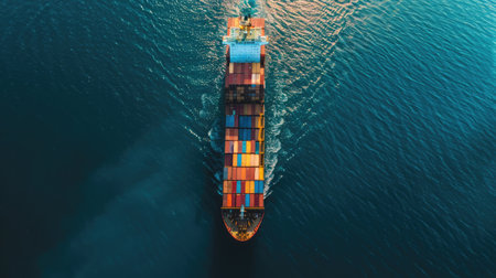 Aerial top view container cargo ship in import export business commercial trade logistic and transportation of international by container cargo ship in the open sea, Container cargo freightの素材