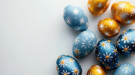 Golden and blue Easter eggs on on white background. Holiday concept. Happy Easter card with copy spaceの素材