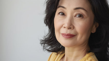 Middle aged happy mature asian woman, senior 55 year lady looking away, isolated on white closeup headshot. Ads of antiaging uv protection whitening menopause dry skincare, plastic surgery.の素材