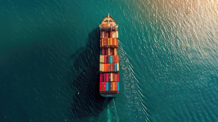 Aerial top view container cargo ship in import export business commercial trade logistic and transportation of international by container cargo ship in the open sea, Container cargo freightの素材