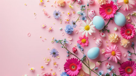 Beautiful colorful flowers with ester eggs on pink background.の素材