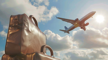 travel bags and airplane in skyの素材
