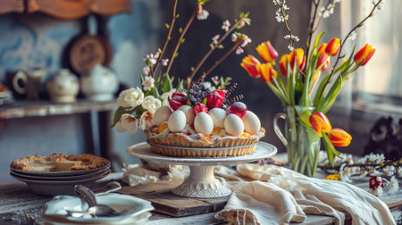 Beautiful table serving with Ester eggs, tulip flowers, willow branches and pieの素材